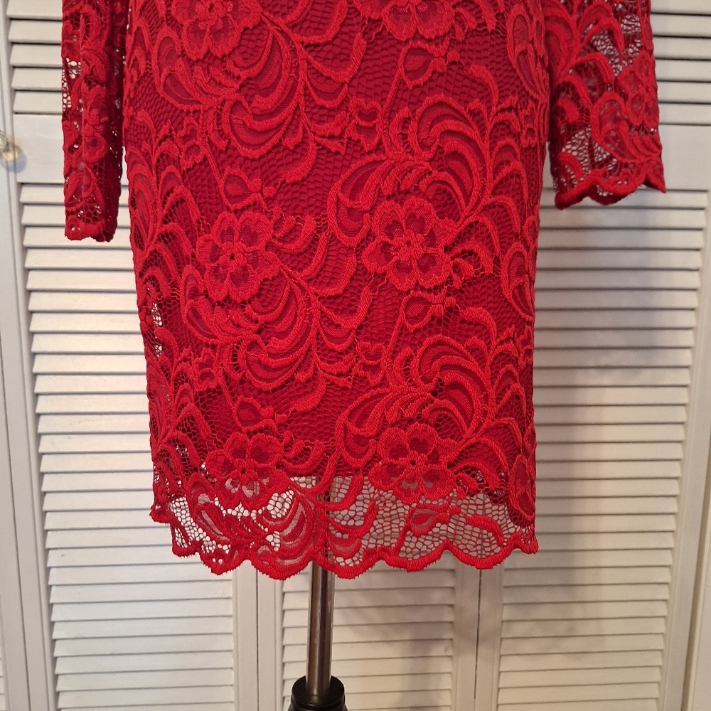 Ambiance red lace stretchy knee length dress sz large *A1 - Picture 7 of 9